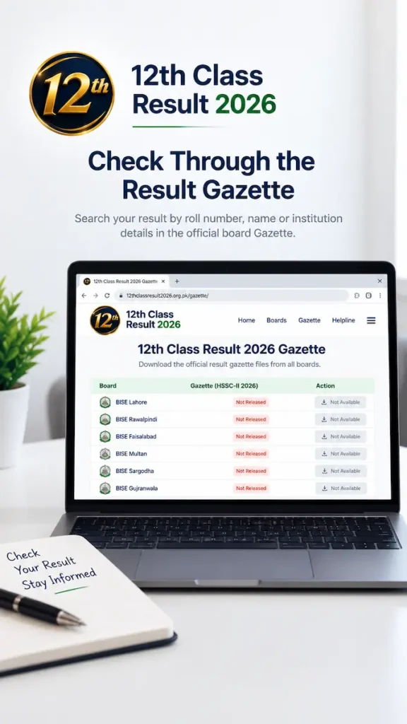 12th Class Result 2026 Gazette page showing board-wise result status and Gazette availability