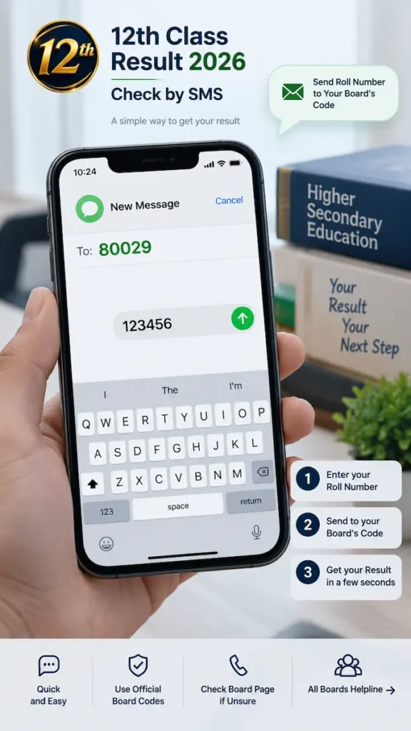 12th Class Result 2026 by SMS showing roll number sent to the official board result code for checking results